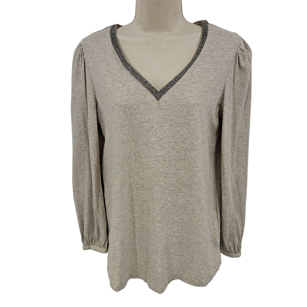 Lauren Ralph‎ Lauren Shirt Women S Beige Black Label Beaded Trim Preppy Capsule